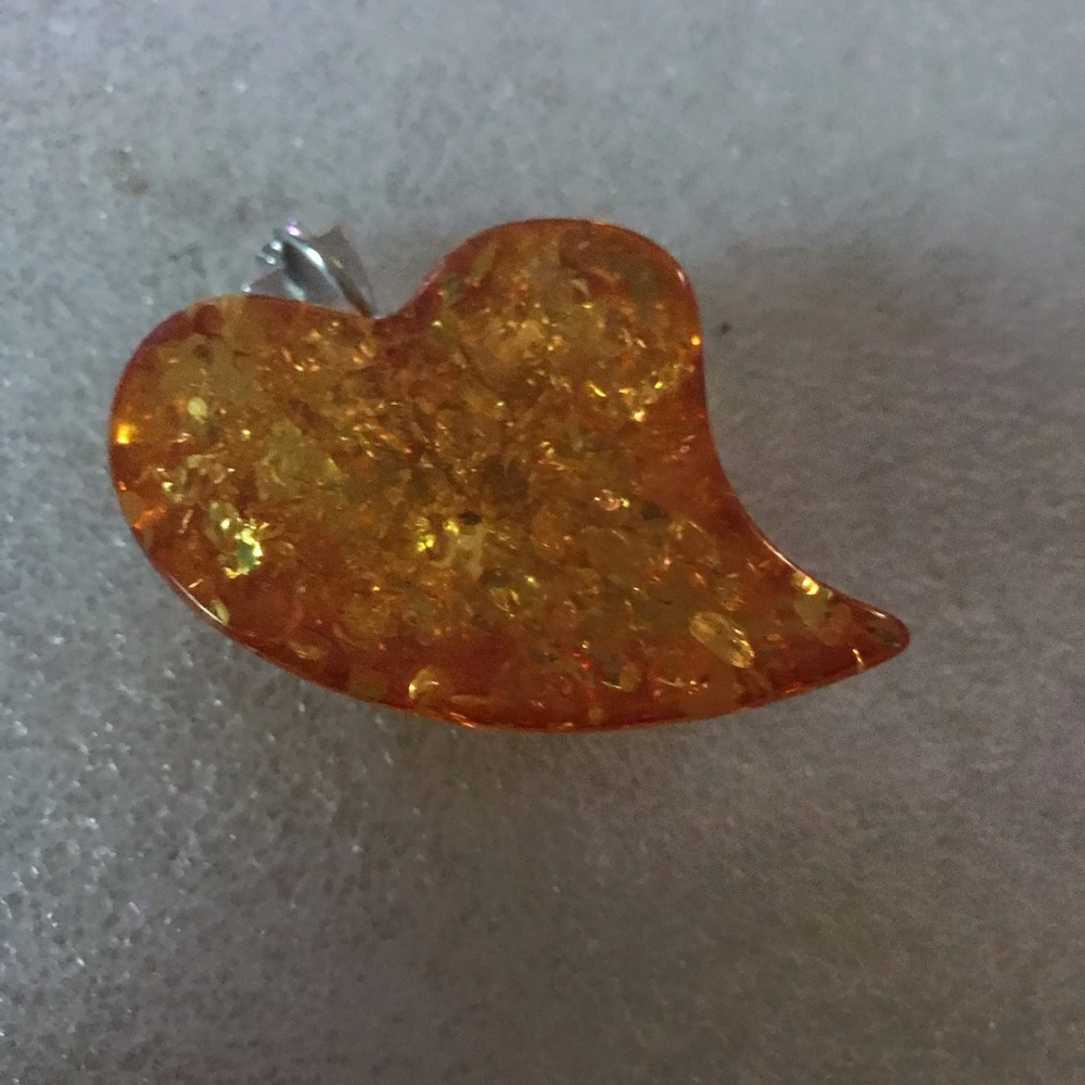 Amber Heart Pendant with Silver Floral Accent - Orange - Picture 2 of 2